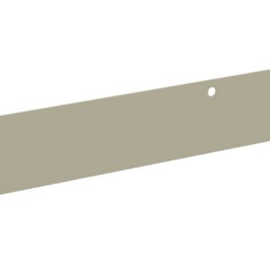 A long, thin, beige-colored metal strip with two small circular holes and cutouts at each end is shown against a plain white background.