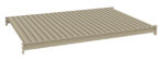 A beige, rectangular metal shelf with a ribbed surface is shown against a plain white background. The shelf has mounting brackets on each corner for easy installation.