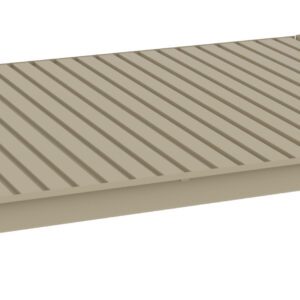 A beige, rectangular metal shelf with a ribbed surface is shown against a plain white background. The shelf has mounting brackets on each corner for easy installation.