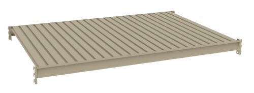 A beige, rectangular metal shelf with a ribbed surface is shown against a plain white background. The shelf has mounting brackets on each corner for easy installation.