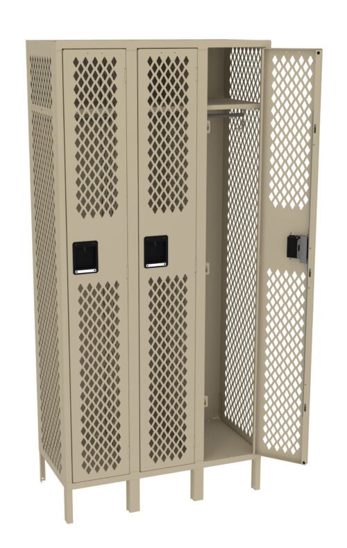 ji9rmxqidk6j3jiqk9qo.jpg A metal locker with three compartments, featuring perforated doors. One door is open, revealing an empty interior with a hanger rod. The locker is beige with black handles and raised on short legs.