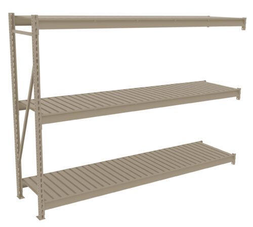 jicsjumrx1ffnp1udkb7.jpg A beige, three-tier metal storage shelf with horizontal slatted shelves and vertical support beams on one side, designed for heavy-duty storage. The shelves are evenly spaced, and the structure stands on a flat surface.