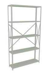 A large, empty metal shelving unit with five shelves. The unit is gray and has a simple, industrial design with crossbars for support. It is set against a plain white background.