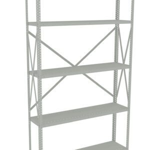 A large, empty metal shelving unit with five shelves. The unit is gray and has a simple, industrial design with crossbars for support. It is set against a plain white background.