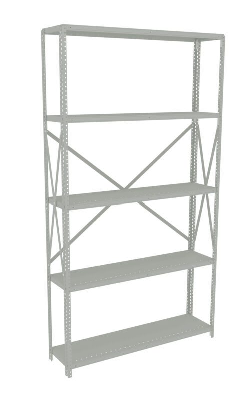 jidddauub5ms27bkinse.jpg A large, empty metal shelving unit with five shelves. The unit is gray and has a simple, industrial design with crossbars for support. It is set against a plain white background.