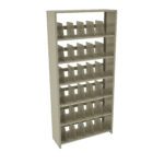 A tall, beige metal shelving unit with nine shelves, each containing multiple tilted transparent dividers, designed for organizing files or documents. The unit is standing on a white background.