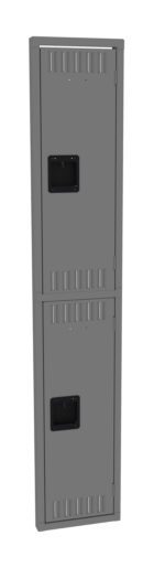 A tall, narrow gray metal locker with two doors stacked vertically. Each door has ventilation slots at the top and bottom and a black rectangular handle in the center.