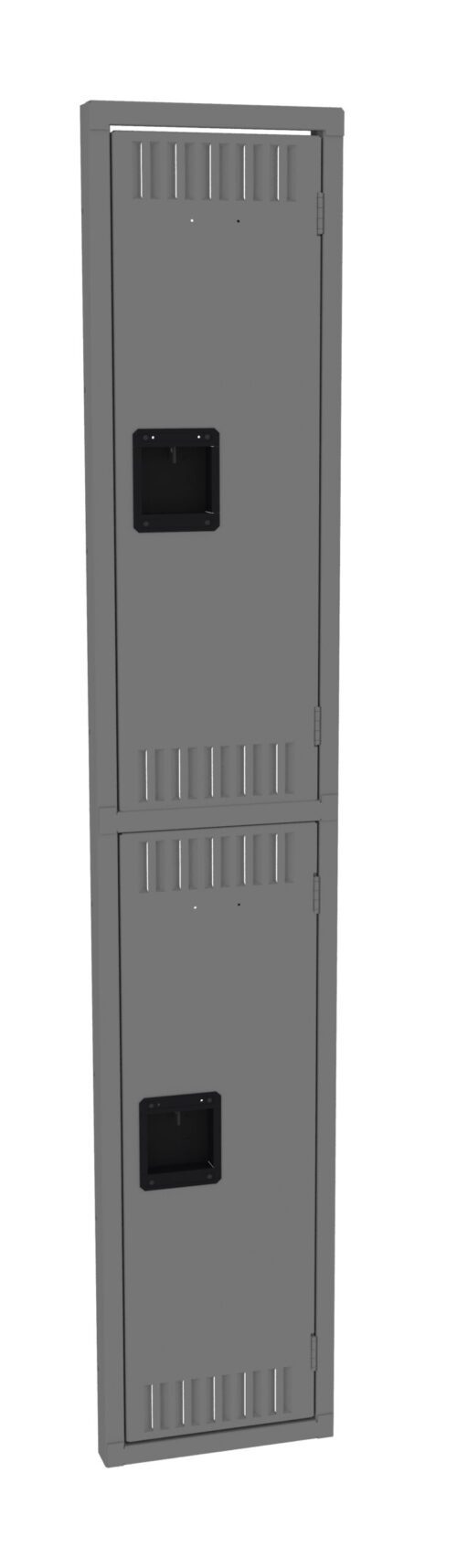 A tall, narrow gray metal locker with two doors stacked vertically. Each door has ventilation slots at the top and bottom and a black rectangular handle in the center.