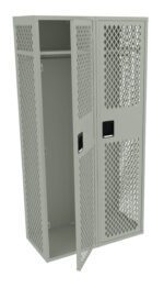 A gray metal locker with a diamond-patterned mesh design, featuring two doors—one open revealing a hanging rod inside, and one closed. The locker has a rectangular handle on each door.