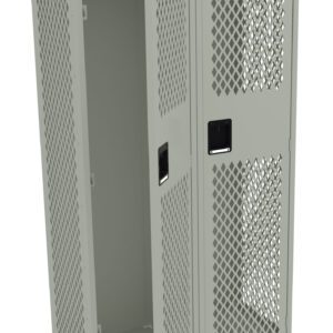 A gray metal locker with a diamond-patterned mesh design, featuring two doors—one open revealing a hanging rod inside, and one closed. The locker has a rectangular handle on each door.