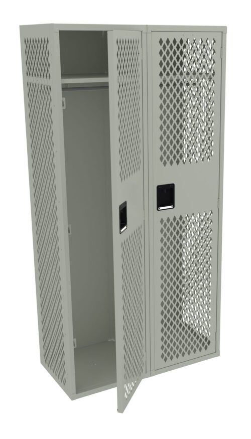 A gray metal locker with a diamond-patterned mesh design, featuring two doors—one open revealing a hanging rod inside, and one closed. The locker has a rectangular handle on each door.