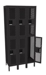 A black metal locker unit with six compartments, arranged in two rows of three. The doors feature a diamond-shaped perforated pattern. The bottom right door is open, revealing the empty interior.