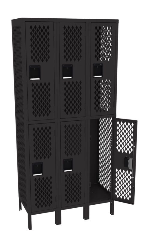 A black metal locker unit with six compartments, arranged in two rows of three. The doors feature a diamond-shaped perforated pattern. The bottom right door is open, revealing the empty interior.