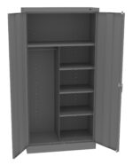 Open gray metal cabinet with two doors. Inside, theres a clothing rod on the left and four adjustable shelves on the right.
