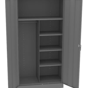 Open gray metal cabinet with two doors. Inside, theres a clothing rod on the left and four adjustable shelves on the right.