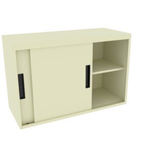 A cream-colored cabinet with two sliding doors, one of which is open to reveal two shelves inside. The closed door has a black handle. The cabinet is placed against a white background.
