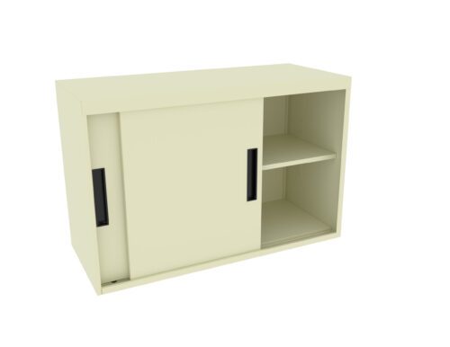 A cream-colored cabinet with two sliding doors, one of which is open to reveal two shelves inside. The closed door has a black handle. The cabinet is placed against a white background.