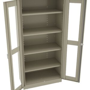 A beige metal cabinet with glass doors standing open, revealing four empty shelves inside. The cabinet is set against a plain background.