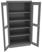 A tall, open metal cabinet with two glass-paneled doors and five adjustable shelves. The cabinet is empty and designed for storage or display, with a sleek, modern finish.