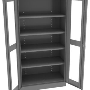A tall, open metal cabinet with two glass-paneled doors and five adjustable shelves. The cabinet is empty and designed for storage or display, with a sleek, modern finish.