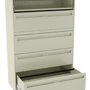 A tall, beige metal filing cabinet with four drawers. The top drawer is slightly open, and the bottom drawer is fully open, showing empty interiors. The cabinet has a minimalist design with horizontal handles.