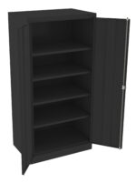 A black metal storage cabinet with open doors revealing five adjustable shelves inside. The cabinet has a simple, industrial design with a lock on one of the doors for security.
