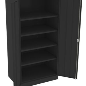 A black metal storage cabinet with open doors revealing five adjustable shelves inside. The cabinet has a simple, industrial design with a lock on one of the doors for security.
