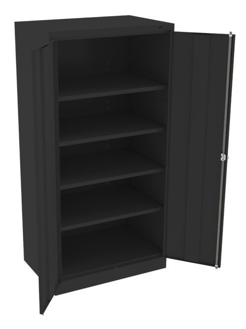 jk9gjnrzfdwibhn3cqld.jpg A black metal storage cabinet with open doors revealing five adjustable shelves inside. The cabinet has a simple, industrial design with a lock on one of the doors for security.