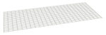 An angled view of a white metal wire grid sheet with evenly spaced square openings. The sheet has a slightly 3D perspective, showcasing a regular pattern of horizontal and vertical lines. The background is plain and white.