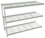 A set of three-tiered metal wire shelves, each with a sturdy grid design. The shelving unit is freestanding, suitable for organizing items in a garage or storage space. The metal is a light gray color.