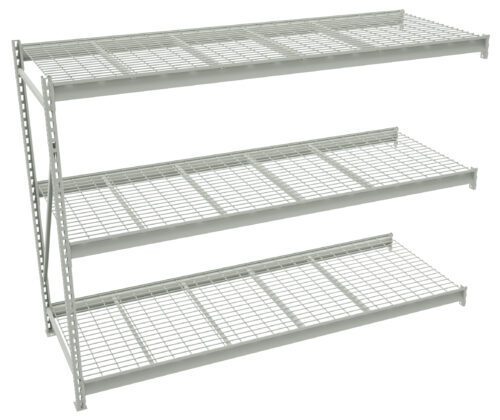 jkigkmqhcvsf8kpufkk2.jpg A set of three-tiered metal wire shelves, each with a sturdy grid design. The shelving unit is freestanding, suitable for organizing items in a garage or storage space. The metal is a light gray color.