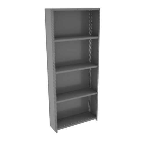 A tall, gray metal shelving unit with five shelves.
