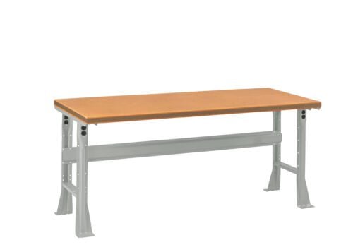 A sturdy workbench with a wooden top and metal legs is set against a white background. The tabletop is smooth and rectangular, while the metallic legs are robust and feature supportive crossbars for added stability.