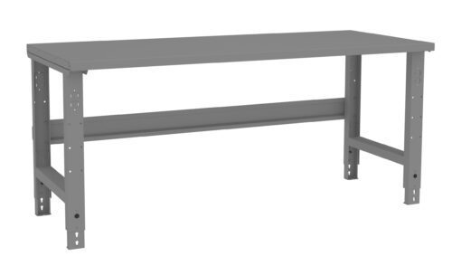 jkntld7nuwat4un2zdo3.jpg A sturdy, gray metal workbench with a flat rectangular top and adjustable legs. The design is simple and industrial, featuring a horizontal support beam between the legs for added stability.