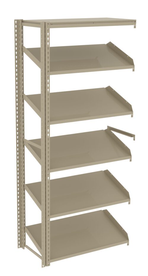 jkpwg3fcgabop93d84vk.jpg Metal shelving unit with six adjustable shelves, each slightly tilted upwards. The unit is a neutral beige color and designed for storage or organizational purposes in an office or industrial setting.