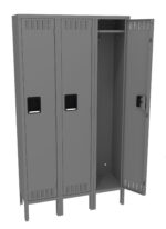 A trio of connected gray metal lockers, with one door open showing the interior with a shelf and hanging rod. Each locker features a ventilation grille and a black handle.