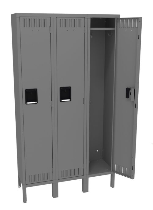 jl5zfgvoh1zjk0ypmwxm.jpg A trio of connected gray metal lockers, with one door open showing the interior with a shelf and hanging rod. Each locker features a ventilation grille and a black handle.