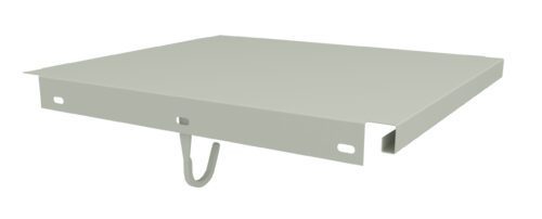 A flat, rectangular metal panel with flanges and two small holes on the edges. It features a hook-like structure hanging from a middle tab on the side. The panel has a smooth, light grey finish.