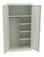 Open light gray metal cabinet with two doors. Inside, it features a hanging rod on the left and four shelves on the right, providing organized storage space.