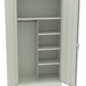 Open light gray metal cabinet with two doors. Inside, it features a hanging rod on the left and four shelves on the right, providing organized storage space.