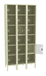 A 3-column locker unit with multiple compartments, each featuring a small door. One compartment door on the right column is open, showing the empty interior. The lockers are beige and stand on short legs.