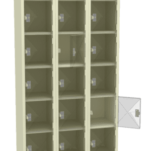 A 3-column locker unit with multiple compartments, each featuring a small door. One compartment door on the right column is open, showing the empty interior. The lockers are beige and stand on short legs.