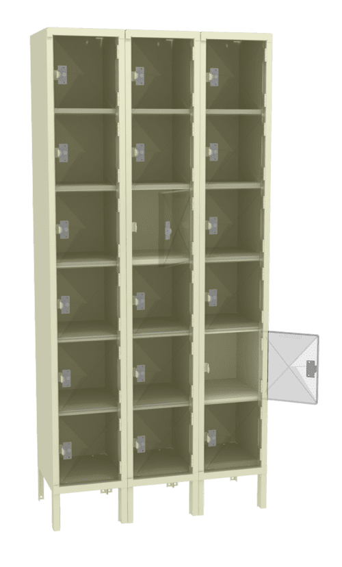 A 3-column locker unit with multiple compartments, each featuring a small door. One compartment door on the right column is open, showing the empty interior. The lockers are beige and stand on short legs.