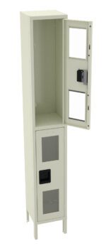 Tall beige metal cabinet with two compartments, one open and one closed. The open compartment has a paneled door with a lock mechanism, while the lower compartments door shows a ventilation grille. The cabinet stands on four slender legs.