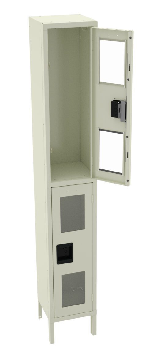 Tall beige metal cabinet with two compartments, one open and one closed. The open compartment has a paneled door with a lock mechanism, while the lower compartments door shows a ventilation grille. The cabinet stands on four slender legs.