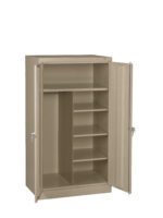 Beige metal cabinet with two open doors, revealing multiple shelves on the right and a hanging bar on the left. The cabinet is empty and set against a plain white background.