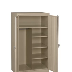 Beige metal cabinet with two open doors, revealing multiple shelves on the right and a hanging bar on the left. The cabinet is empty and set against a plain white background.