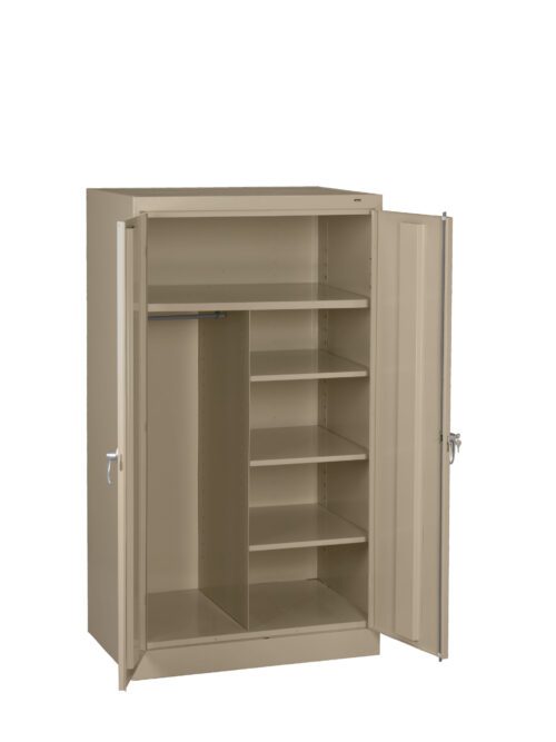 Beige metal cabinet with two open doors, revealing multiple shelves on the right and a hanging bar on the left. The cabinet is empty and set against a plain white background.