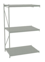 Three-tiered metal storage shelf with perforated design, featuring two vertical supports on the left side. The shelf is empty and has a light gray color.