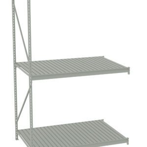 Three-tiered metal storage shelf with perforated design, featuring two vertical supports on the left side. The shelf is empty and has a light gray color.